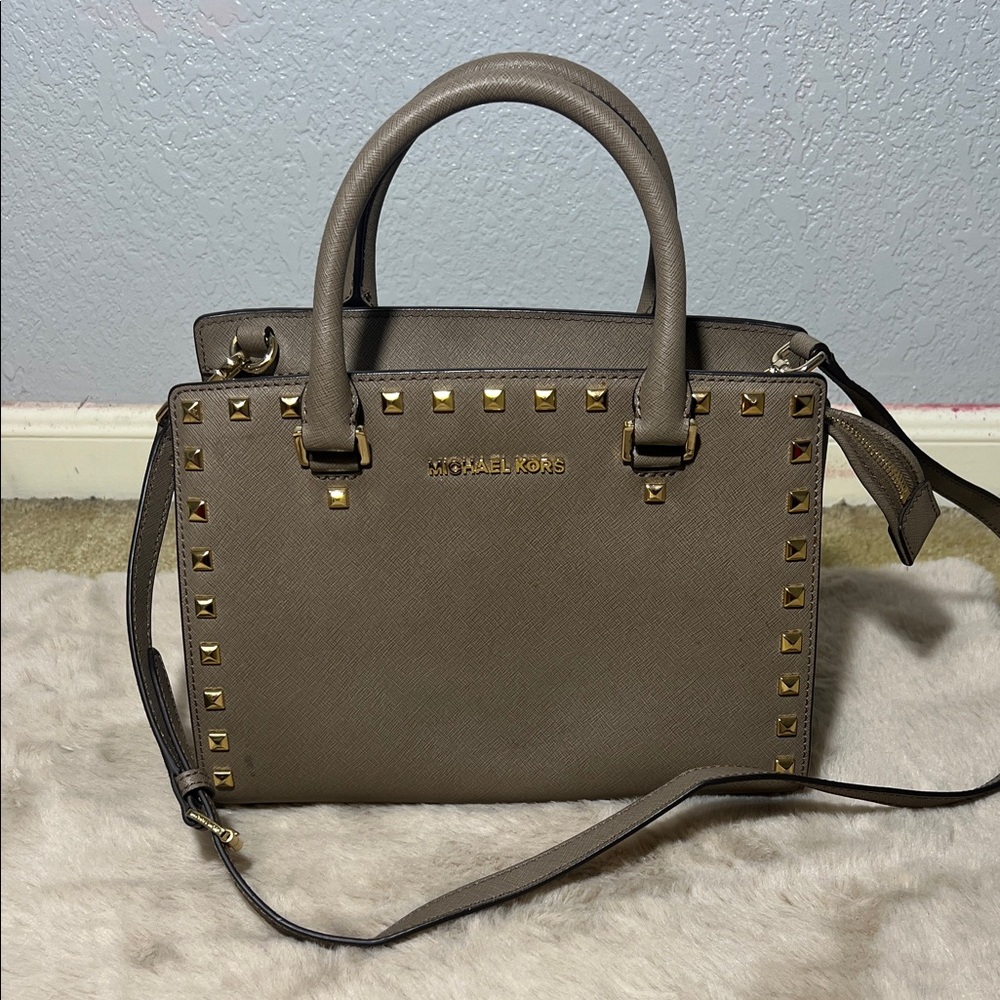 Michael Kors Taupe Gold-Stud Satchel